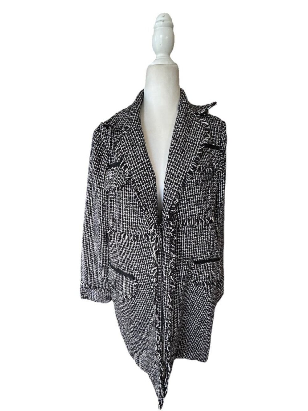 True Meaning Houndstooth Tweed Fringe Coat Lined Black & White Size 10